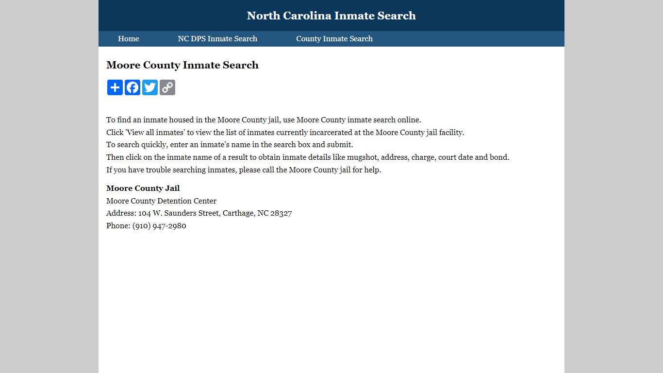 Moore County Inmate Search - North Carolina Inmate Search